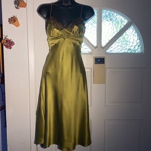 Olive silk dress with lace trim